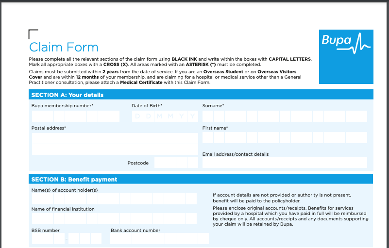 Certificates and Forms - Private Health Care form (BUPA, etc)